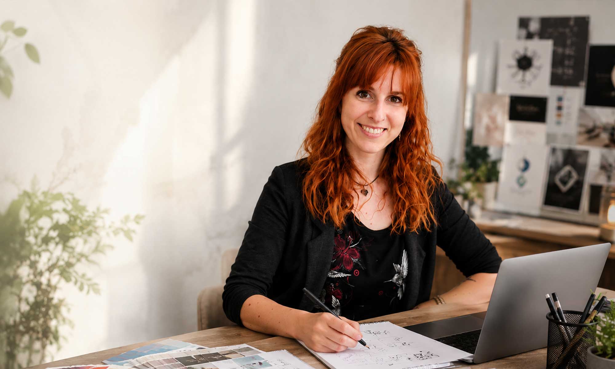 Frau mit roten Haaren vorm Bildschirm